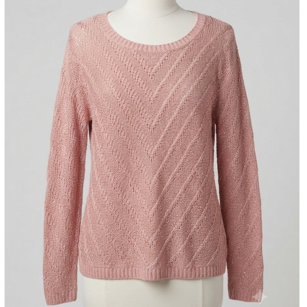 New Directions Pink Chevron Pointelle Knit Metallic Shimmer Sweater Large NWT